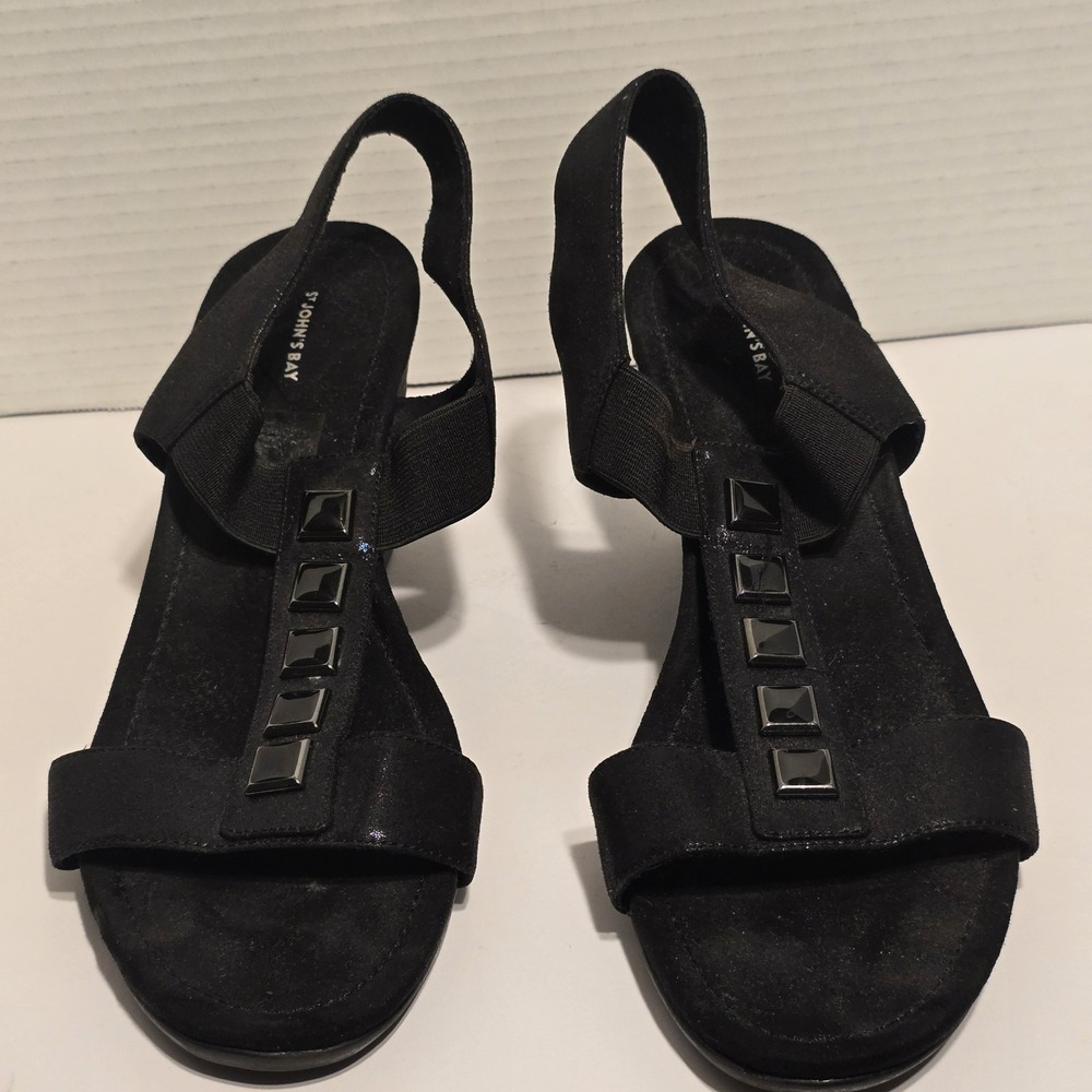 St‎ John's Bay Women's Flex Form Black Jeweled Sling Back Wedge Sandals Size 9.5